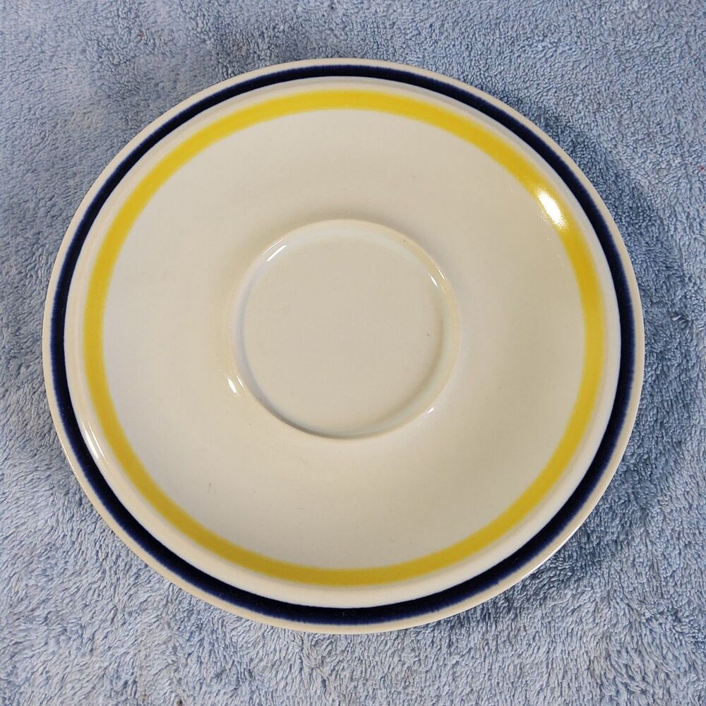 Vintage Japan Genuine Stoneware Saucer Plate Yellow Navy Blue Stripe Band 6.5"